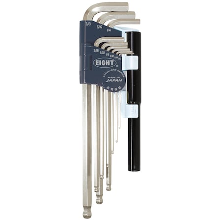 Eight Tool TAPER HEAD HEX KEY L-HANDLE EXTRA LONG SET, 9PC 1/16-3/8INCH SLVR W/EXTENSION PIPES TEL-S9NP